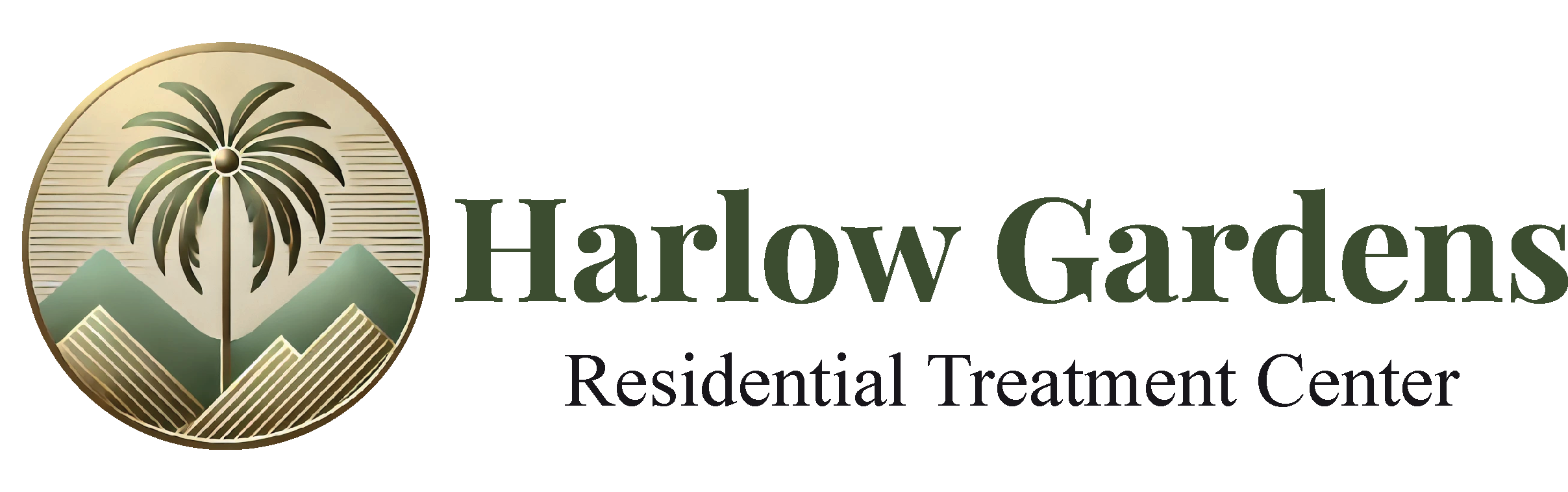 Harlow Gardens Residential Treatment Center logo featuring a palm tree and mountains in Palm Springs, California